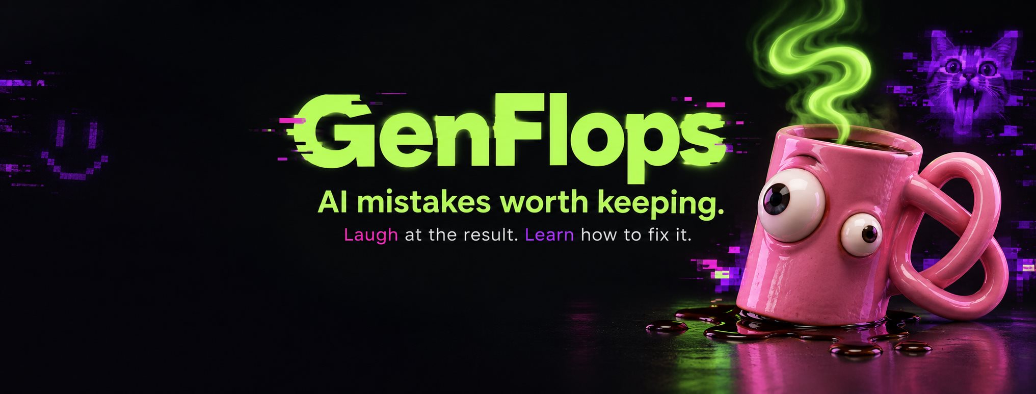 GenFlops banner with its pink mug mascot and the words AI mistakes worth keeping
