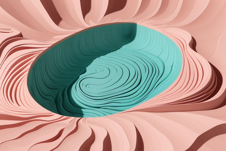 Layered coral and teal paper-cut canyon generated by AI